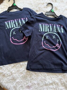 NIRVANA Navy Tee with Pastel Mint & Pink Logo